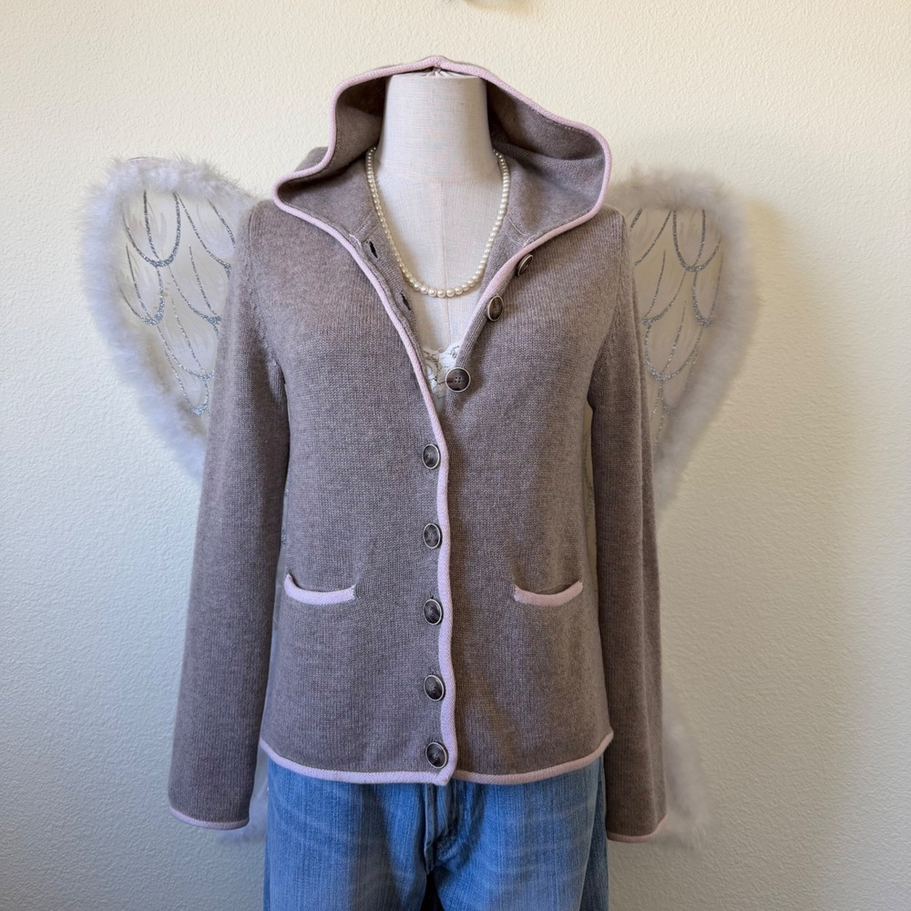 Daddy's Daughters Pure Cashmere Hooded Cardigan Sweater Taupe Pink Trim‎ Small